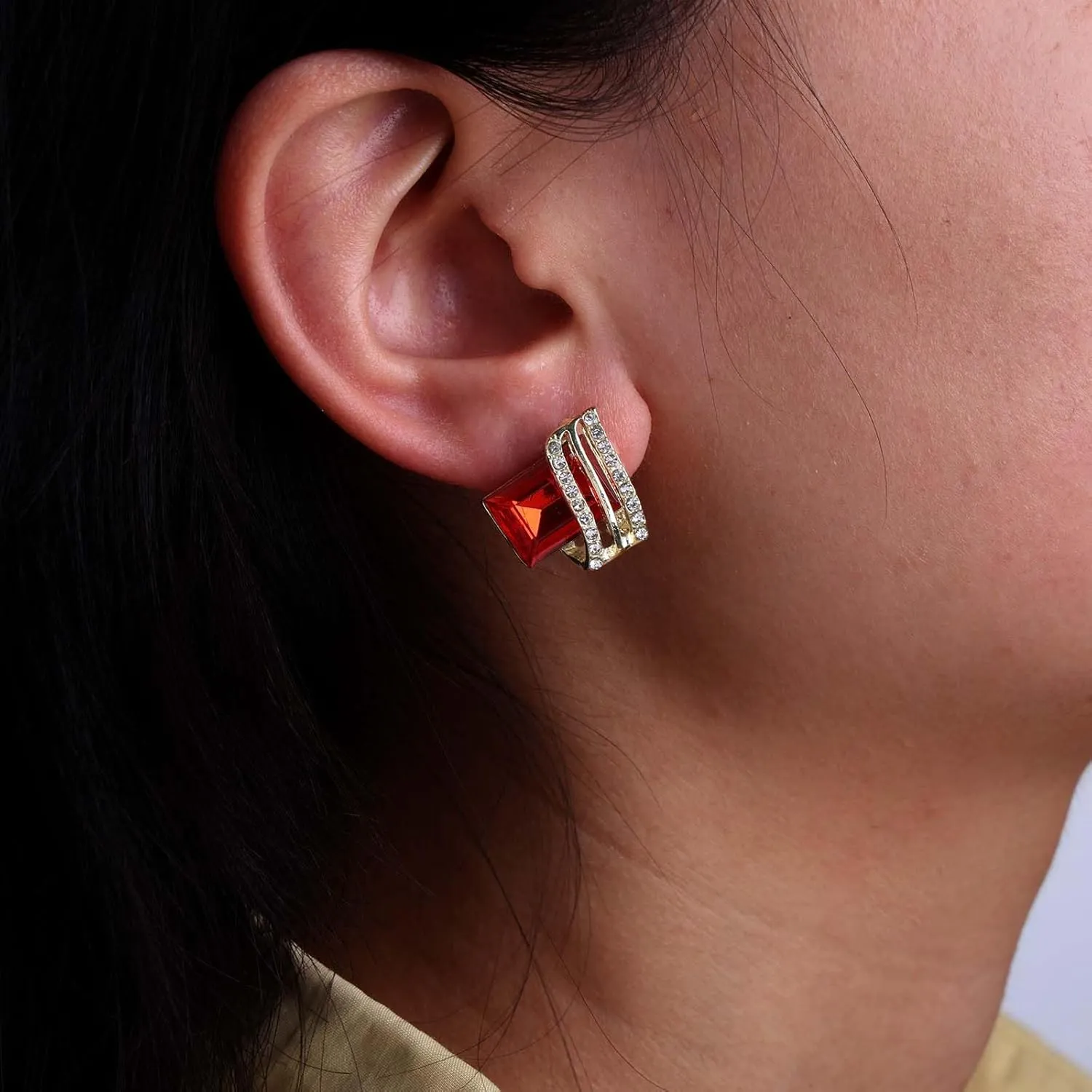 Vintage Ruby Square Stud Earrings Red Crystal Earrings Red Ruby Stud Earrings Gold Spiral Cz Earrings Jewelry for Women