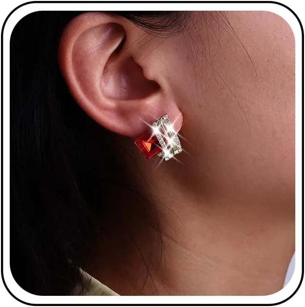 Vintage Ruby Square Stud Earrings Red Crystal Earrings Red Ruby Stud Earrings Gold Spiral Cz Earrings Jewelry for Women