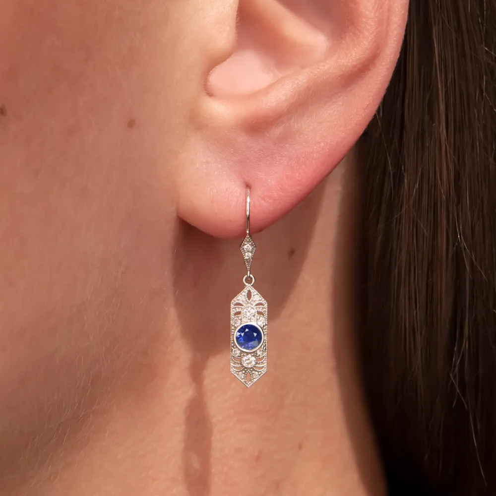 VINTAGE STYLE SAPPHIRE DIAMOND DROP EARRINGS ART DECO DANGLE BLUE WHITE GOLD