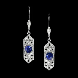 VINTAGE STYLE SAPPHIRE DIAMOND DROP EARRINGS ART DECO DANGLE BLUE WHITE GOLD