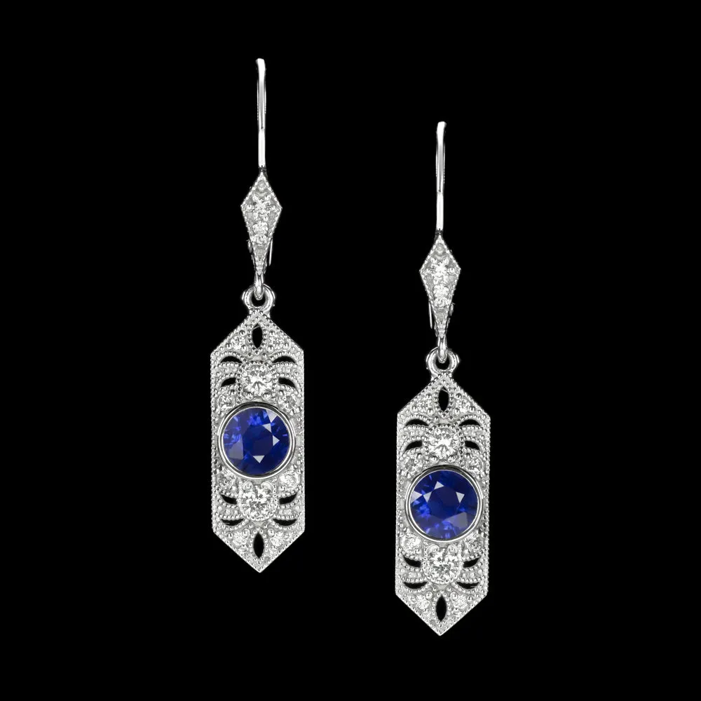 VINTAGE STYLE SAPPHIRE DIAMOND DROP EARRINGS ART DECO DANGLE BLUE WHITE GOLD