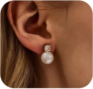 WFYOU Pearl Earrings for Women 925 Sterling Silver Earrings 14K Gold Plated Pearls Stud Earrings for Women Trendy White 5 6 7 8 9 10MM Pearl CZ Diamond Hypoallergenic Earrings Jewelry Gift for Women