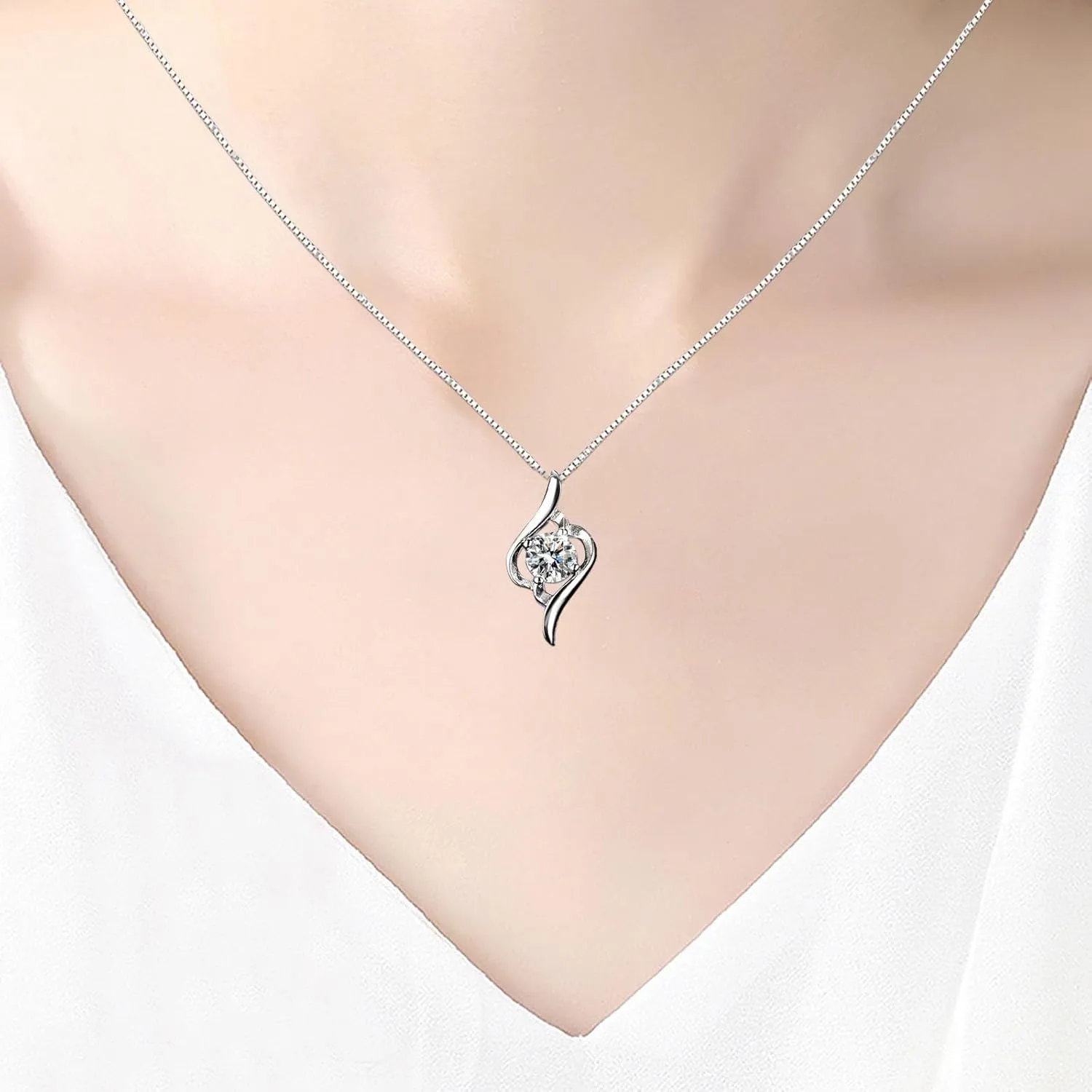 White Gold Plated Sterling Silver Necklace for Women,Dainty Cubic Zirconia Pendant Long Chain Valentine's Day Gift for Mom