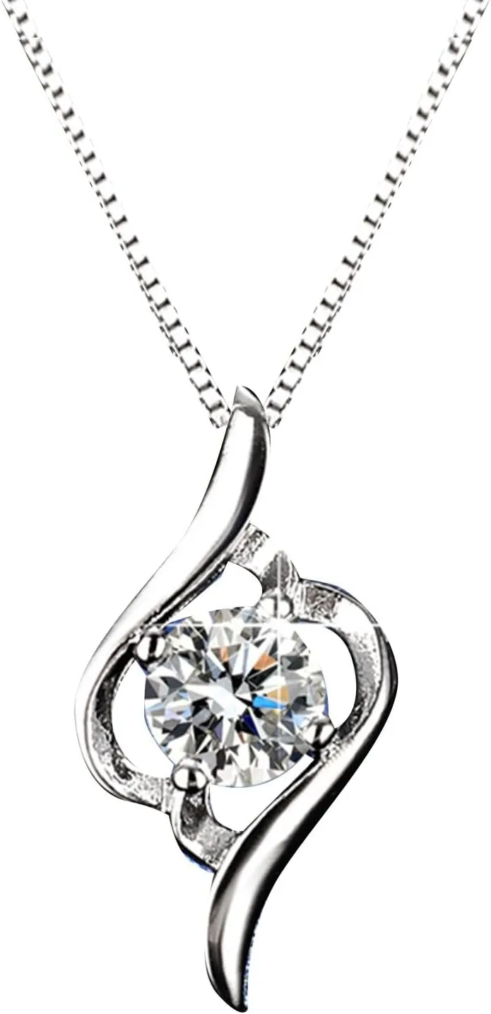 White Gold Plated Sterling Silver Necklace for Women,Dainty Cubic Zirconia Pendant Long Chain Valentine's Day Gift for Mom