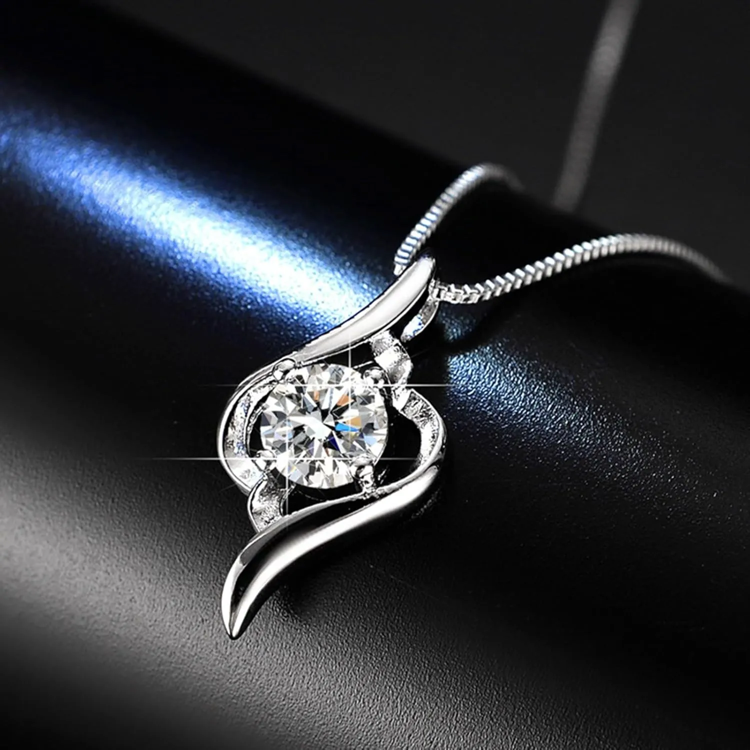 White Gold Plated Sterling Silver Necklace for Women,Dainty Cubic Zirconia Pendant Long Chain Valentine's Day Gift for Mom