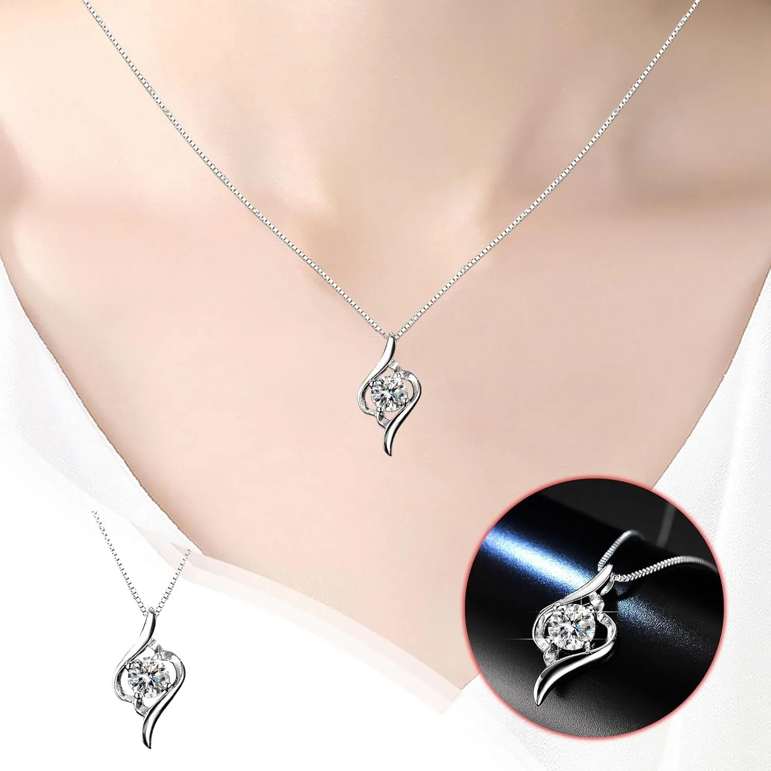 White Gold Plated Sterling Silver Necklace for Women,Dainty Cubic Zirconia Pendant Long Chain Valentine's Day Gift for Mom