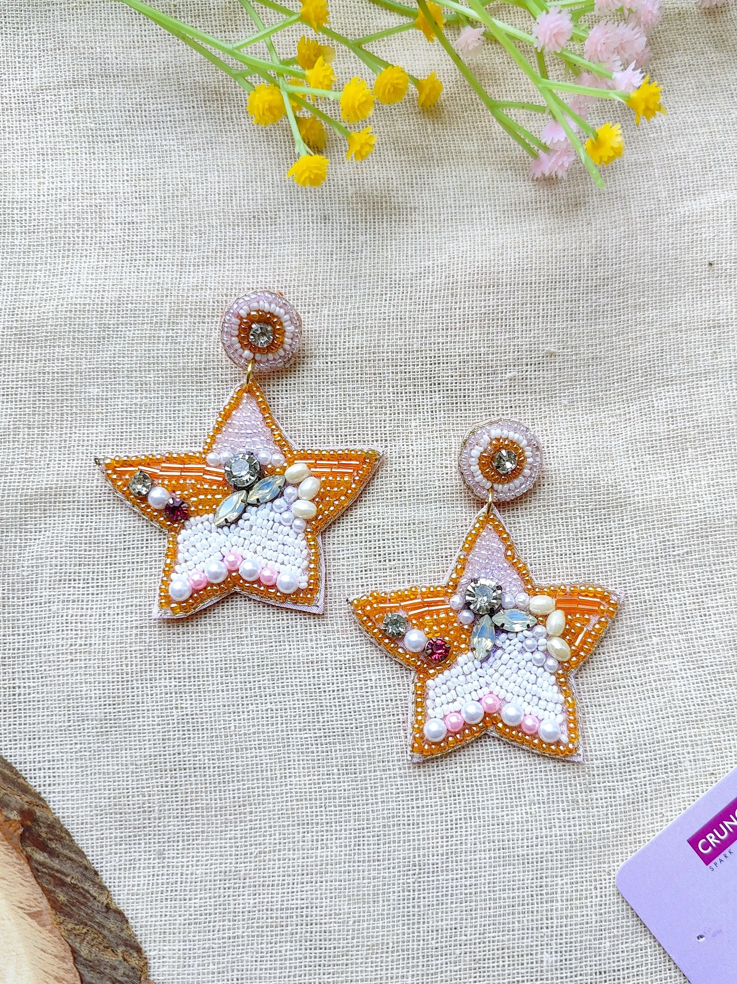 White-Gold Quirky Beaded Star Earrings for Unique Women & Girls