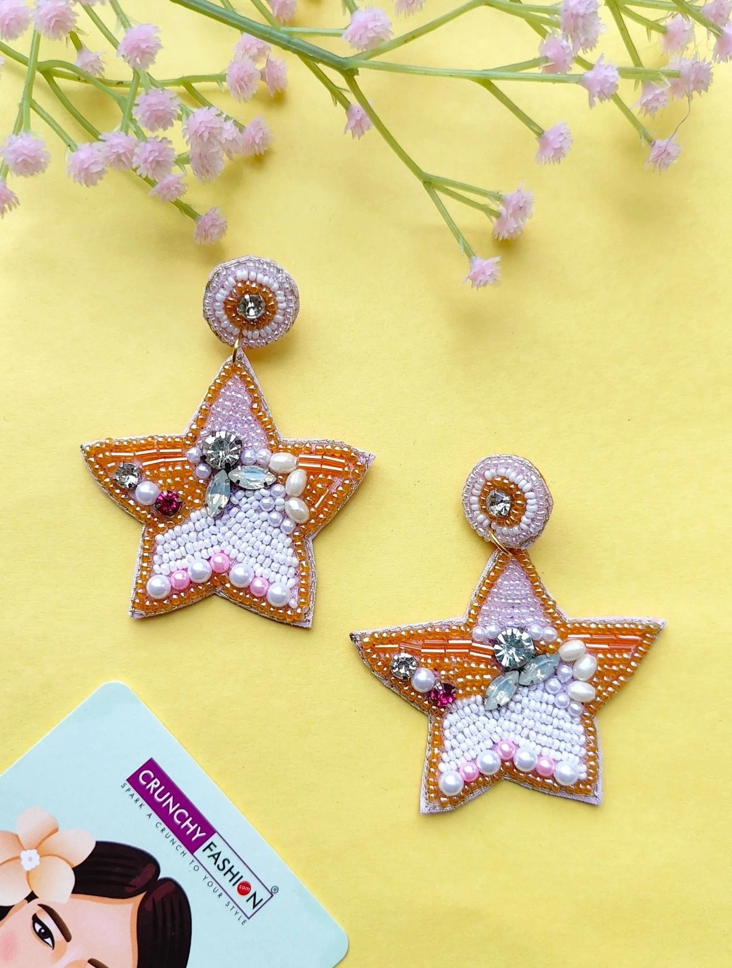 White-Gold Quirky Beaded Star Earrings for Unique Women & Girls