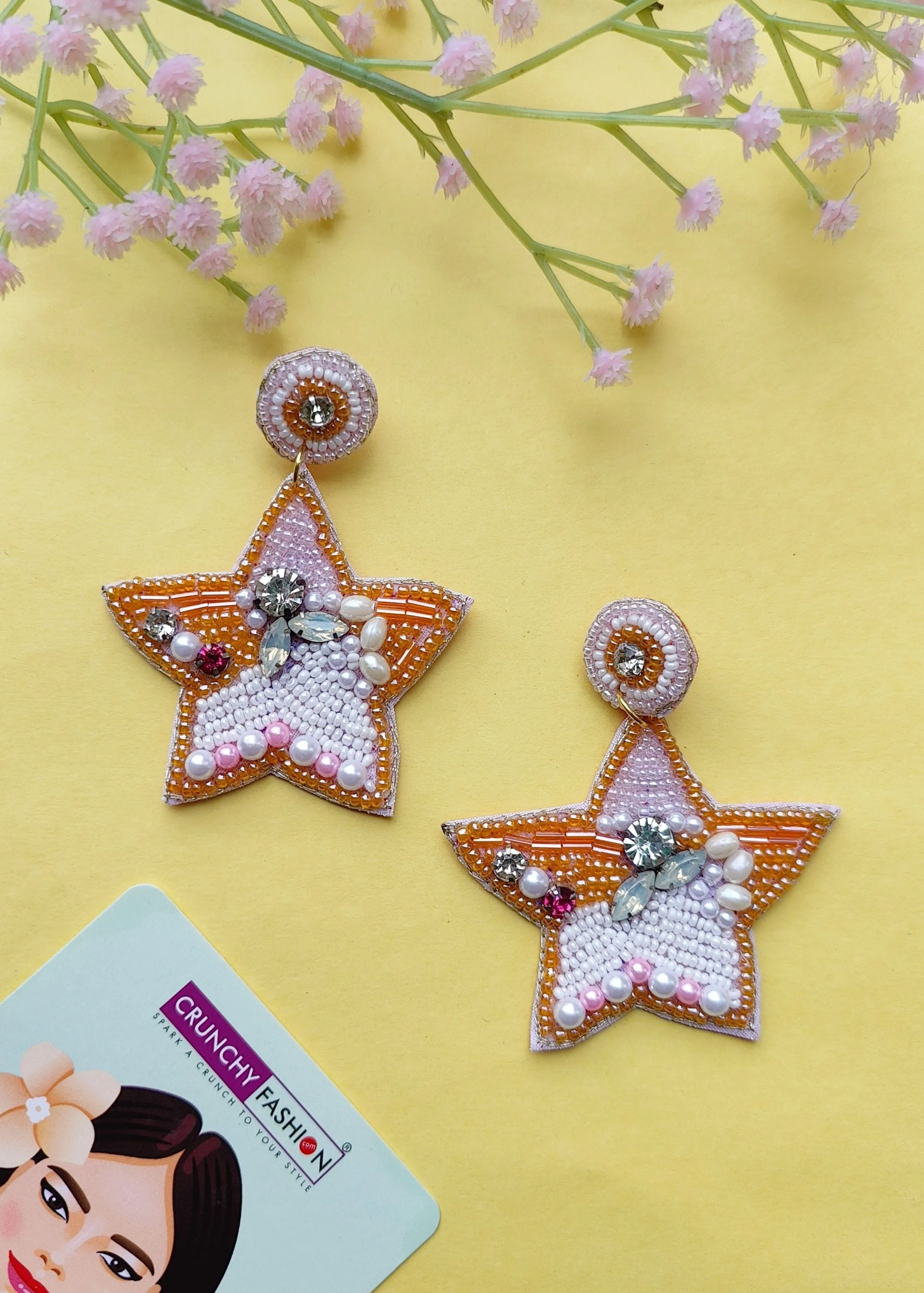 White-Gold Quirky Beaded Star Earrings for Unique Women & Girls