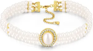 White Layered Pearl Choker Necklace for Women Chunky Rhinestones Pearl Necklace Vintage Boho Necklace Party Jewelry
