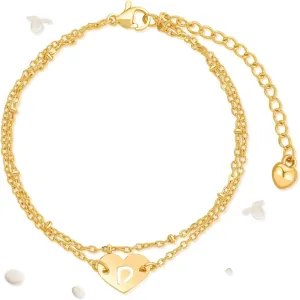 Women Gifts - Women Bracelets - Dainty Golden Initial Heart Charm Chain Bracelets With Hollow Letter