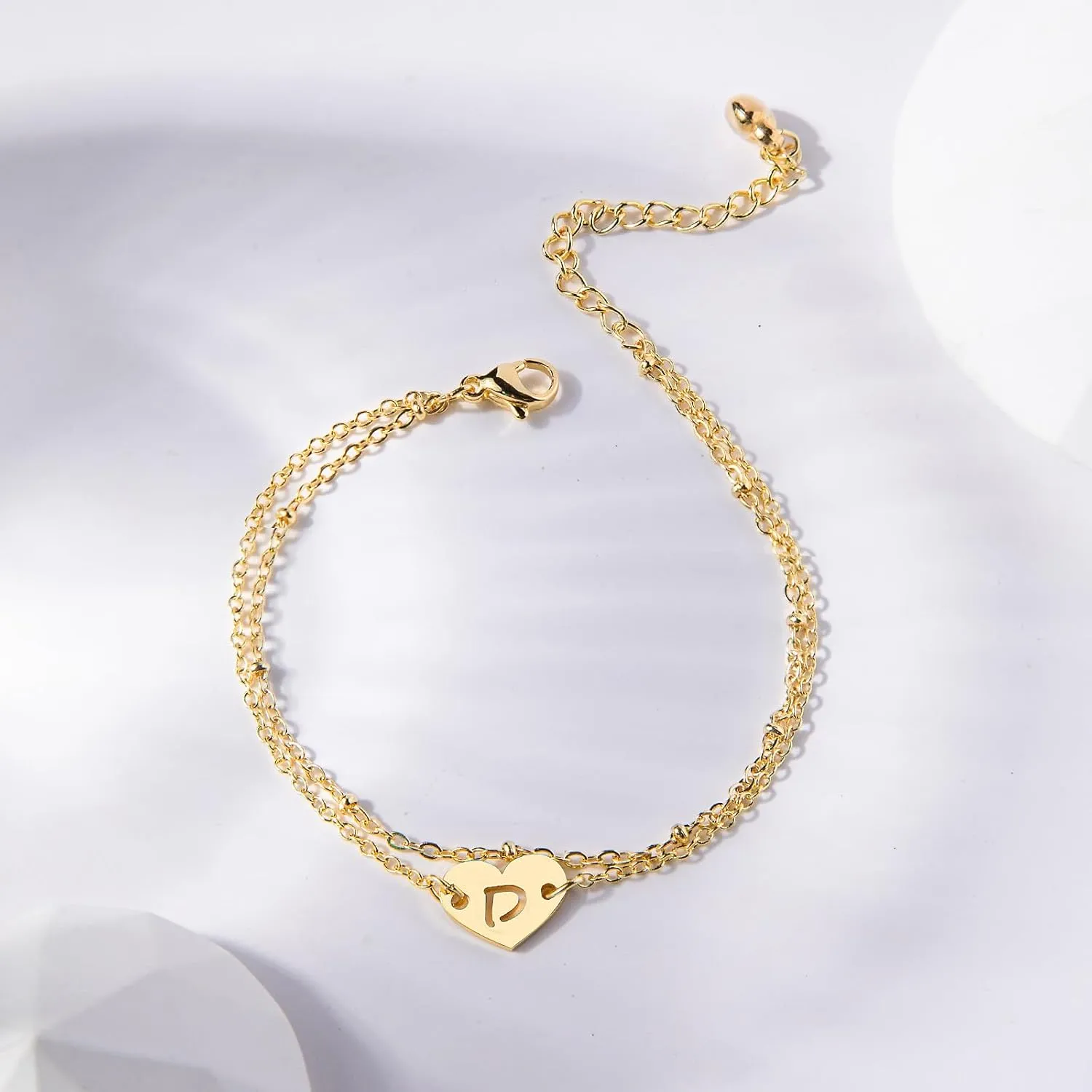 Women Gifts - Women Bracelets - Dainty Golden Initial Heart Charm Chain Bracelets With Hollow Letter