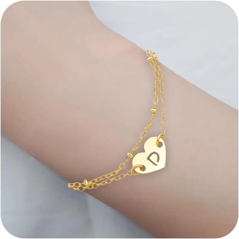 Women Gifts - Women Bracelets - Dainty Golden Initial Heart Charm Chain Bracelets With Hollow Letter