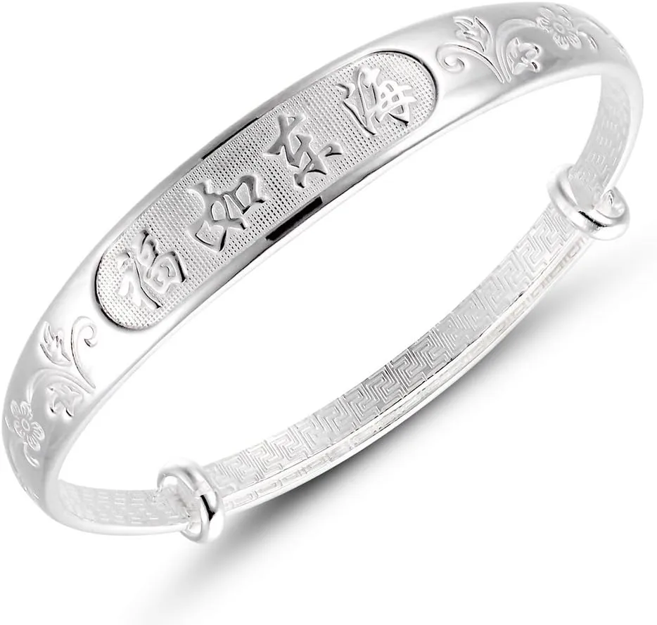 Women's 999 Solid Sterling Silver Chinese Adjustable Bangle Bracelet for Women, Ladies and Elder | Jewelry for Women | Sterling Silver Bangle