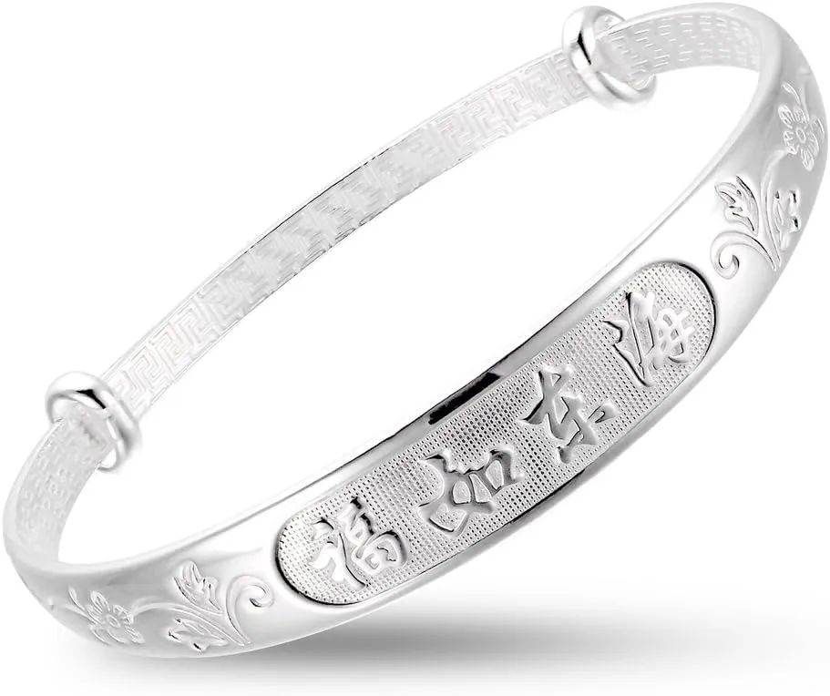 Women's 999 Solid Sterling Silver Chinese Adjustable Bangle Bracelet for Women, Ladies and Elder | Jewelry for Women | Sterling Silver Bangle