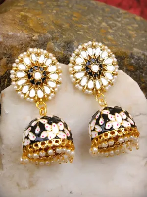 Women's Gold Plated Meenakari Kundan Pearl Jhumka Earrings in Black