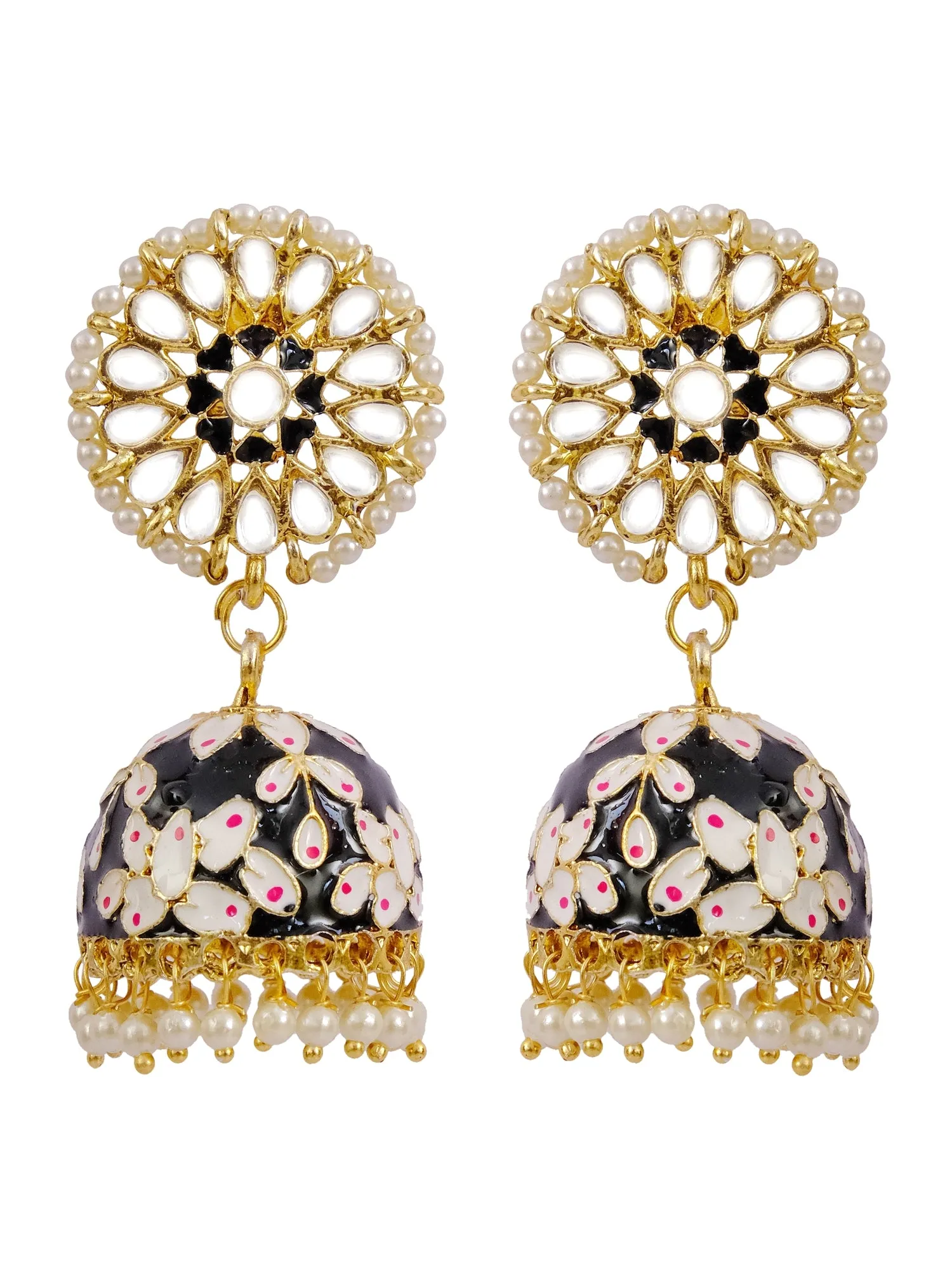 Women's Gold Plated Meenakari Kundan Pearl Jhumka Earrings in Black