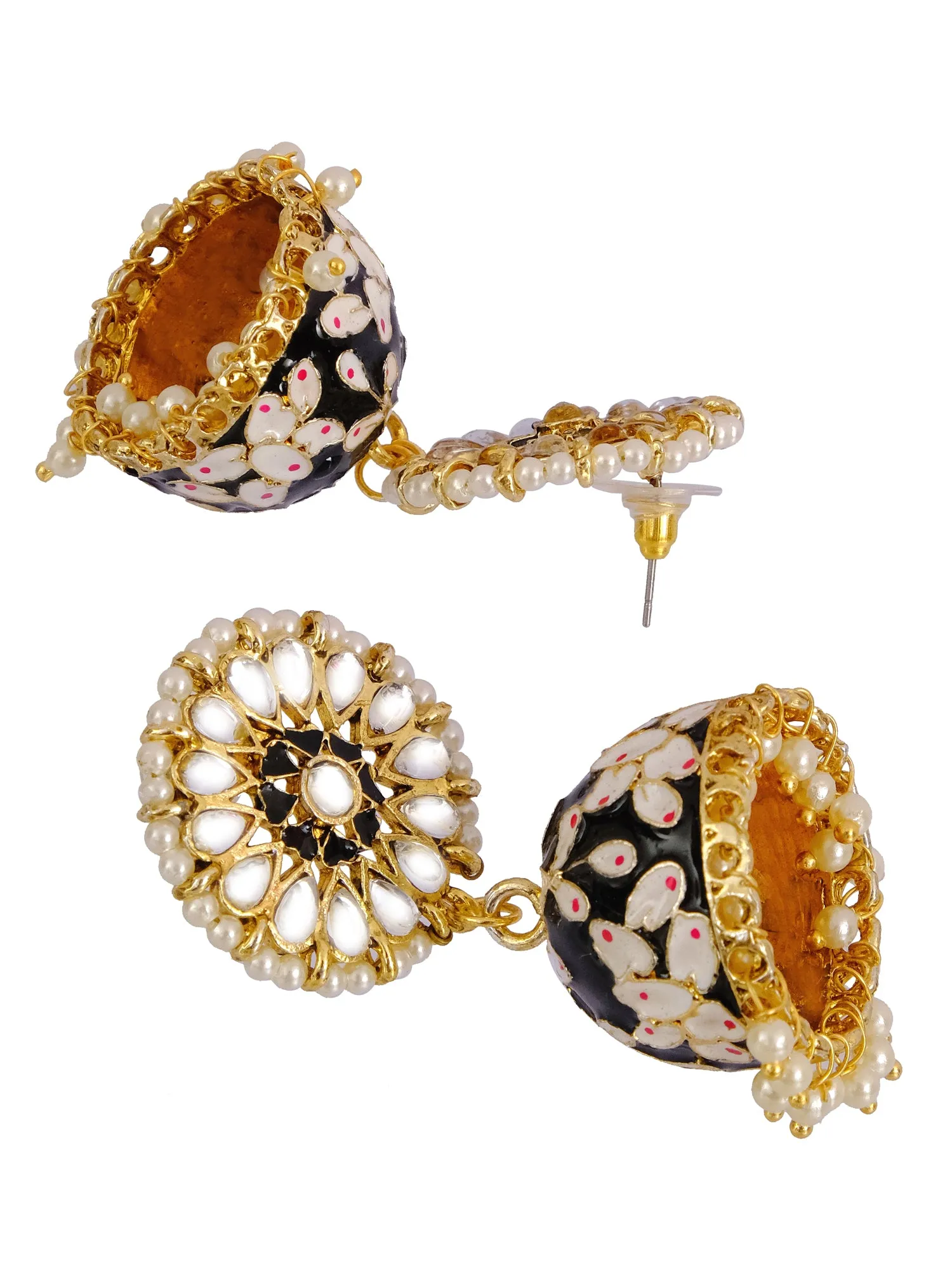 Women's Gold Plated Meenakari Kundan Pearl Jhumka Earrings in Black