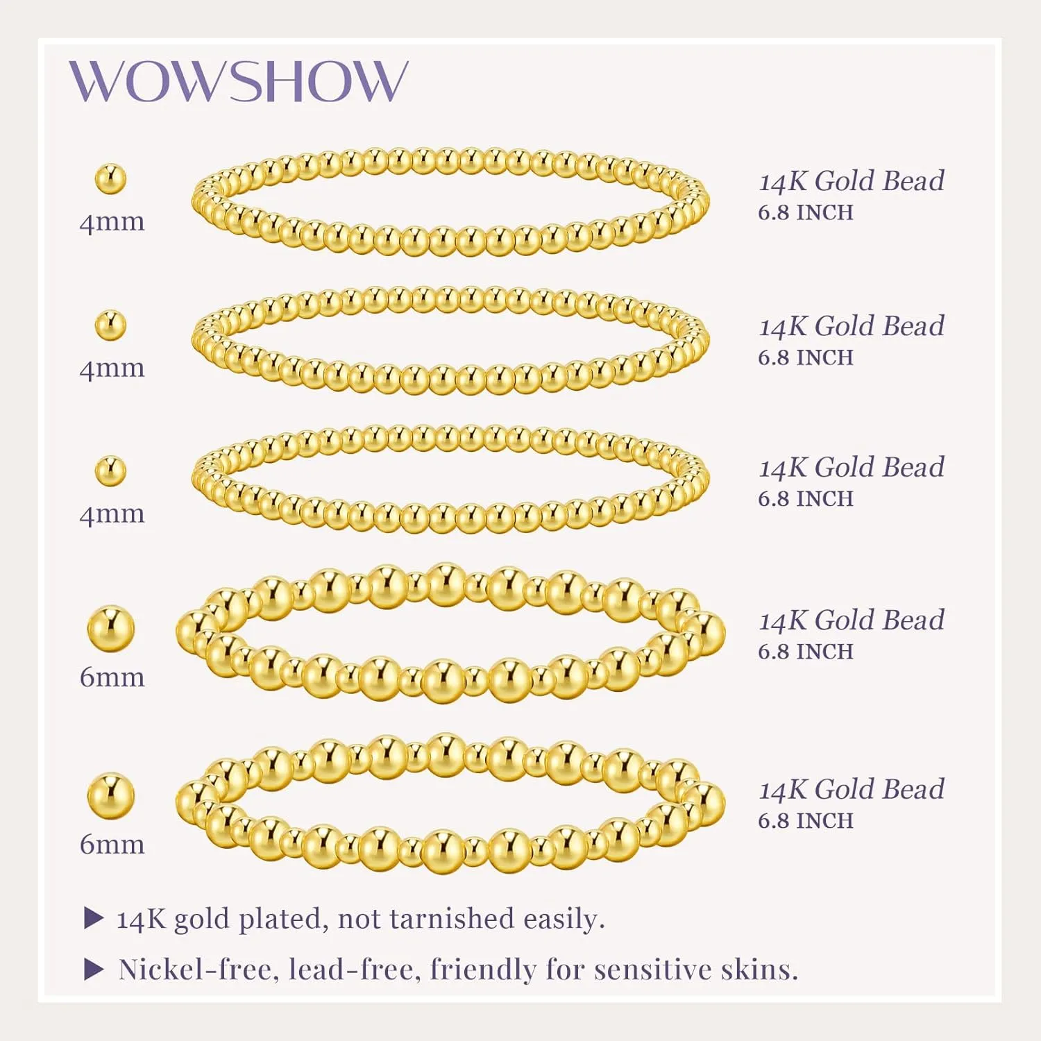 Wowshow Gold Bracelets - 14K Gold Plated Stackable Bead Bracelet Set for Women