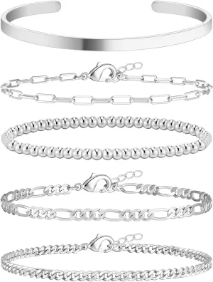 Wowshow Silver Bracelets for Women Bracelet Stack Set 14K Real Gold Plated Link Charm Bracelet Dainty Link Chain Stackable Charm Bracelets Adjustable Bangle Cuff Bracelet Pack Jewelry Gifts for Women 6.8 Inch