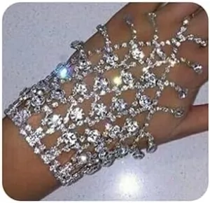 Xerling Bling Bridal Finger Ring Bracelets Women's Hand Harness Ring Bracelets Hand Chain Rhinestones Iced out Tassel Bracelets (Silver)