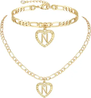 YANODA Gold Initial Pendant Necklace Anklet Bracelet for Women 14K Gold Plated Figaro Chain Letter Initial Heart Necklace Anklets Alphabet Foot Jewelry Personalized Jewelry for Women
