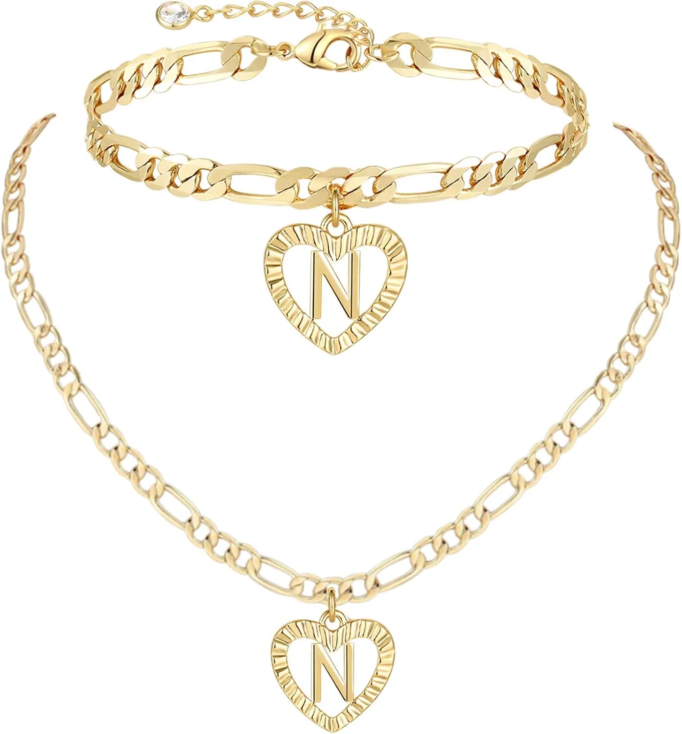 YANODA Gold Initial Pendant Necklace Anklet Bracelet for Women 14K Gold Plated Figaro Chain Letter Initial Heart Necklace Anklets Alphabet Foot Jewelry Personalized Jewelry for Women