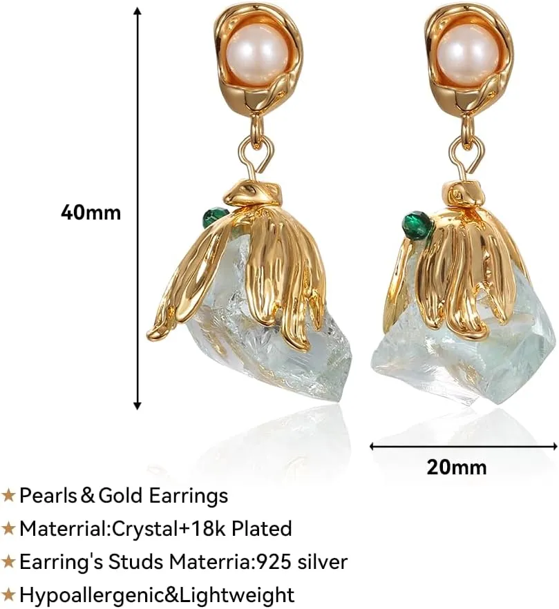 Yanser Pearl Earrings for Women,18k Plated Hypoallergenic Gold Hoop EarringsPersonalized Crystal/Tigers-Eye/AAA   Quality Pearls Drop Earrings