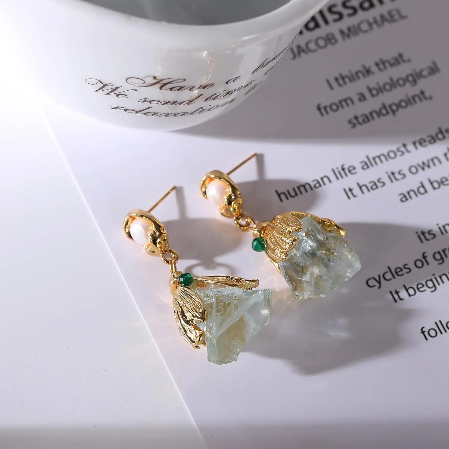 Yanser Pearl Earrings for Women,18k Plated Hypoallergenic Gold Hoop EarringsPersonalized Crystal/Tigers-Eye/AAA   Quality Pearls Drop Earrings