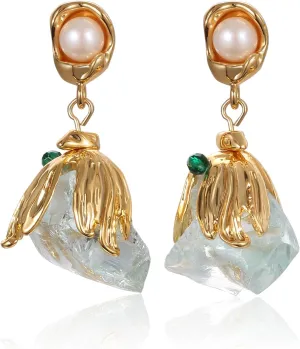 Yanser Pearl Earrings for Women,18k Plated Hypoallergenic Gold Hoop EarringsPersonalized Crystal/Tigers-Eye/AAA   Quality Pearls Drop Earrings