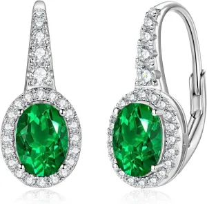 YUNKAI Sterling Silver Leverback Emerald Earrings for Women, Lab Created 5x7MM Oval Cut Drop Earrings Hypoallergenic May Birthstone White Gold Plated Jewelry Gifts for Her