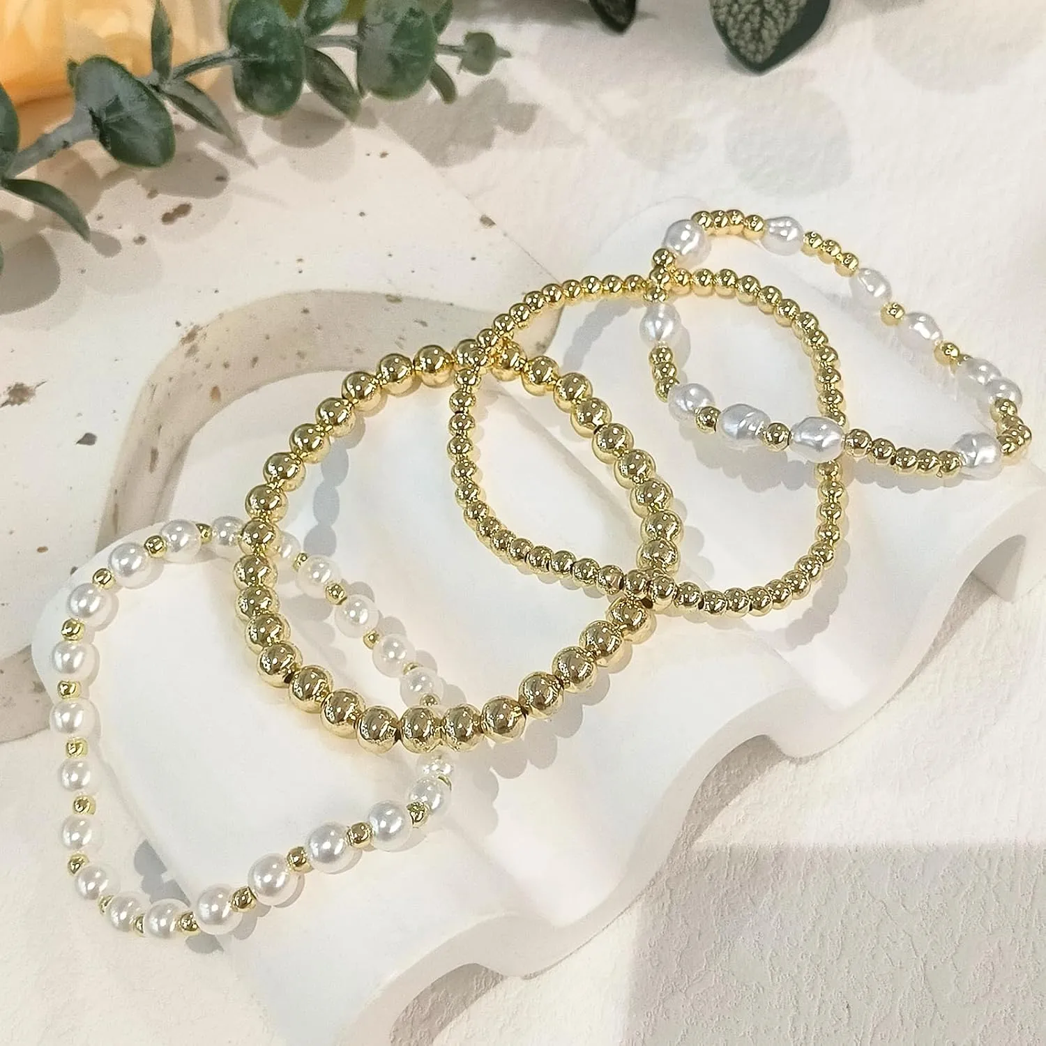 Zeffy Gold Pearl Beaded Bracelet for Women, 14K Gold Plated Jewelry Set With Paperclip Link Chain, Trendy Stack Bracelets