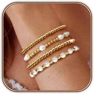 Zeffy Gold Pearl Beaded Bracelet for Women, 14K Gold Plated Jewelry Set With Paperclip Link Chain, Trendy Stack Bracelets